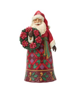 Santa with Wreath & Poinsettias Figurine