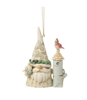 White Woodland Gnome with Birdhouse Hanging Ornament